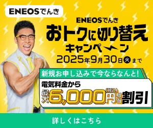 ENEOSでんき おトクに切り替えキャンペーン 2025年9月30日(火)まで 新規お申し込みで今ならなんと！電気料金から最大6,000円(税込)相当割引 詳しくはこちら