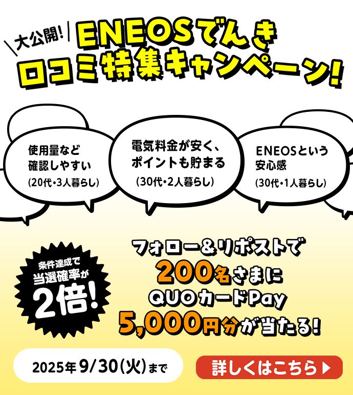 大公開！ ＥＮＥＯＳでんき 口コミ特集キャンペーン！ フォロー&リポストで200名さまにQUOカードPay5,000円分が当たる！ 条件達成で当選確率が2倍！ 2025年9月30日（火）まで