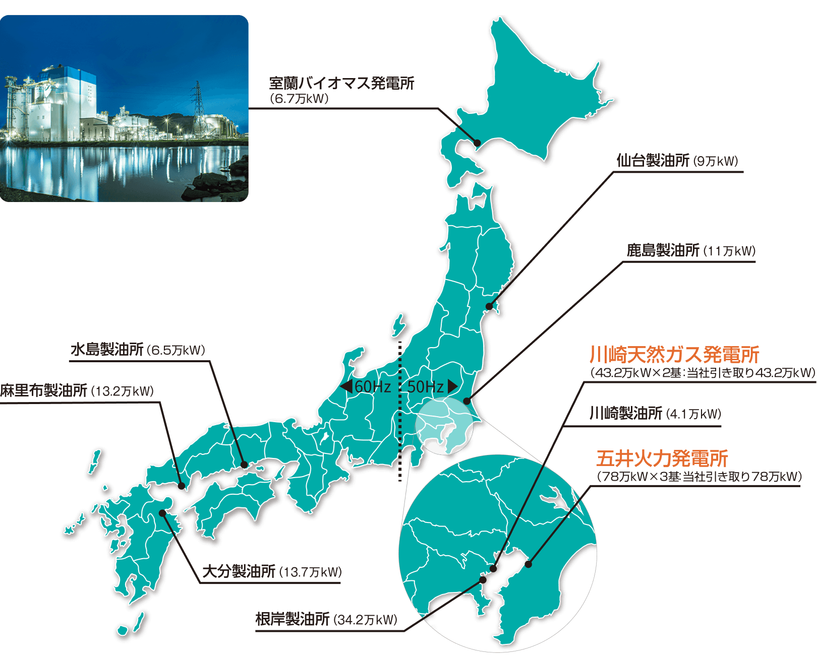 全国にある発電所を載せた日本地図