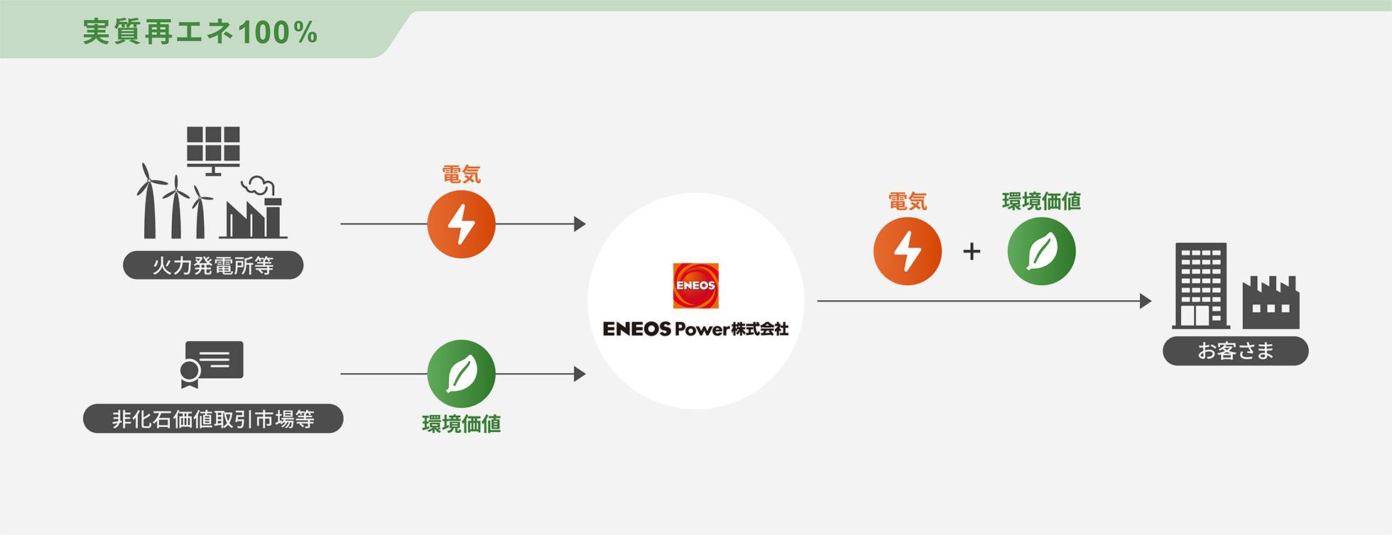 電気と環境価値を組み合わせて実質再エネ電力として提供する仕組みの図（ライトプラン）