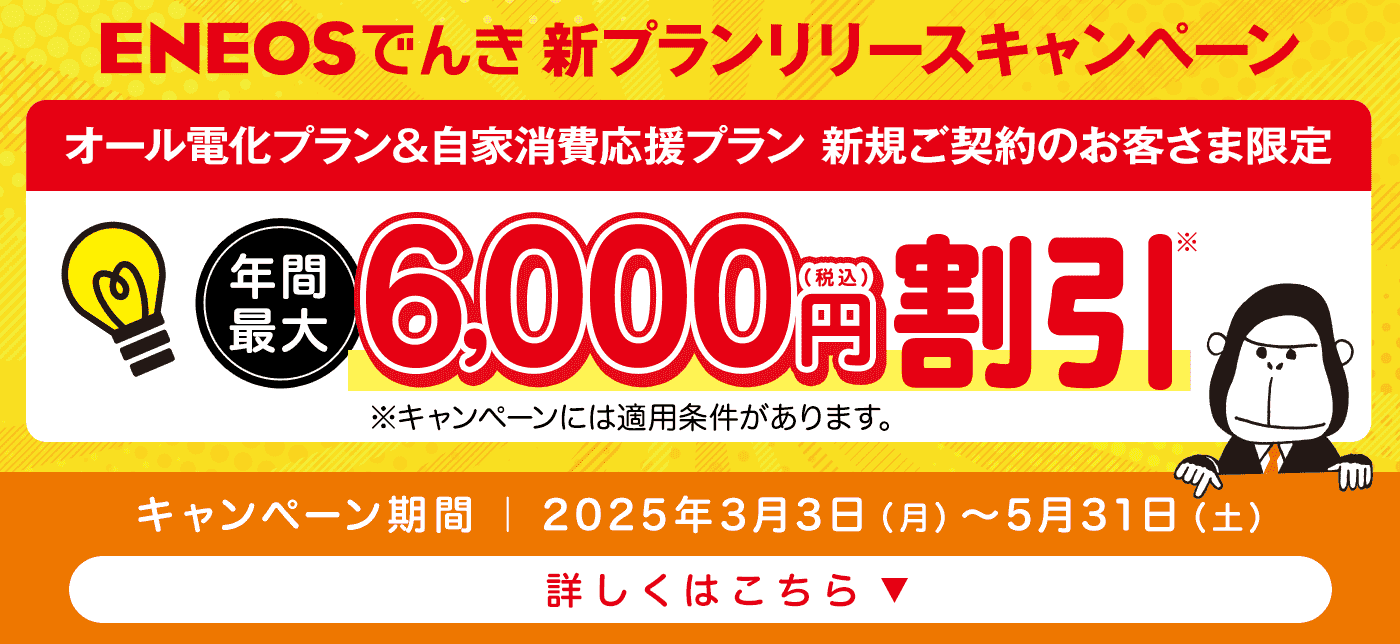 ＥＮＥＯＳでんき新プランリリースキャンペーン オール電化プラン＆自家消費応援プラン 新規ご契約のお客さま限定 年間最大6,000円割引 キャンペーン期間：2025年3月3日（月）～5月31日（土） 詳しくはこちら