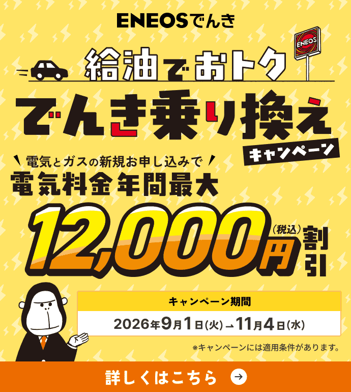 ENEOSでんき 給油でおトク でんき乗り換えキャンペーン 電気の新規お申し込みで電気料金年間最大12,000円（税込）割引 キャンペーン期間：2026年9月1日(火)→11月4日(水)※キャンペーンには適用条件があります。