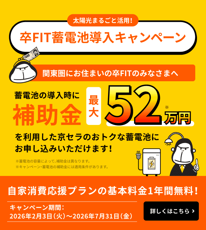 太陽光まるごと活用！卒FIT蓄電池導入キャンペーン 関東圏にお住まいの卒FITのみなさまへ 蓄電池の導入時に補助金最大52万円を利用した京セラのおトクな蓄電池にお申し込みいただけます！ ※蓄電池の容量によって、補助金は異なります。※キャンペーン・蓄電池の補助金には適用条件があります。 ENEOSでんき自家消費応援プラン基本料金1年間無料！キャンペーン期間：2026年2月3日（火）〜2026年7月31日（金）