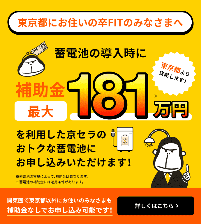 東京都にお住いの卒FITのみなさまへ 東京都より支給します！ 蓄電池の導入時に補助金最大181万円を利用した京セラのおトクな蓄電池にお申し込みいただけます！ 関東圏で東京都以外にお住いのみなさまも補助金なしでお申し込み可能です！ ※蓄電池の容量によって、補助金は異なります。※蓄電池の補助金には適用条件があります。