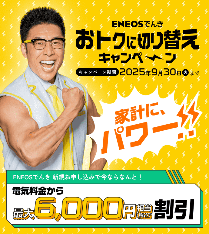 家計にパワー!! おトクに切り替えキャンペーン実施中！ＥＮＥＯＳでんき新規申し込みで今ならなんと！電気料金から最大6,000円（税込）相当割引 9月30日まで