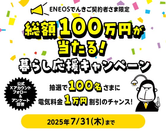 【ENEOSでんきご契約者さま限定】総額100万円が当たる!暮らし応援キャンペーン