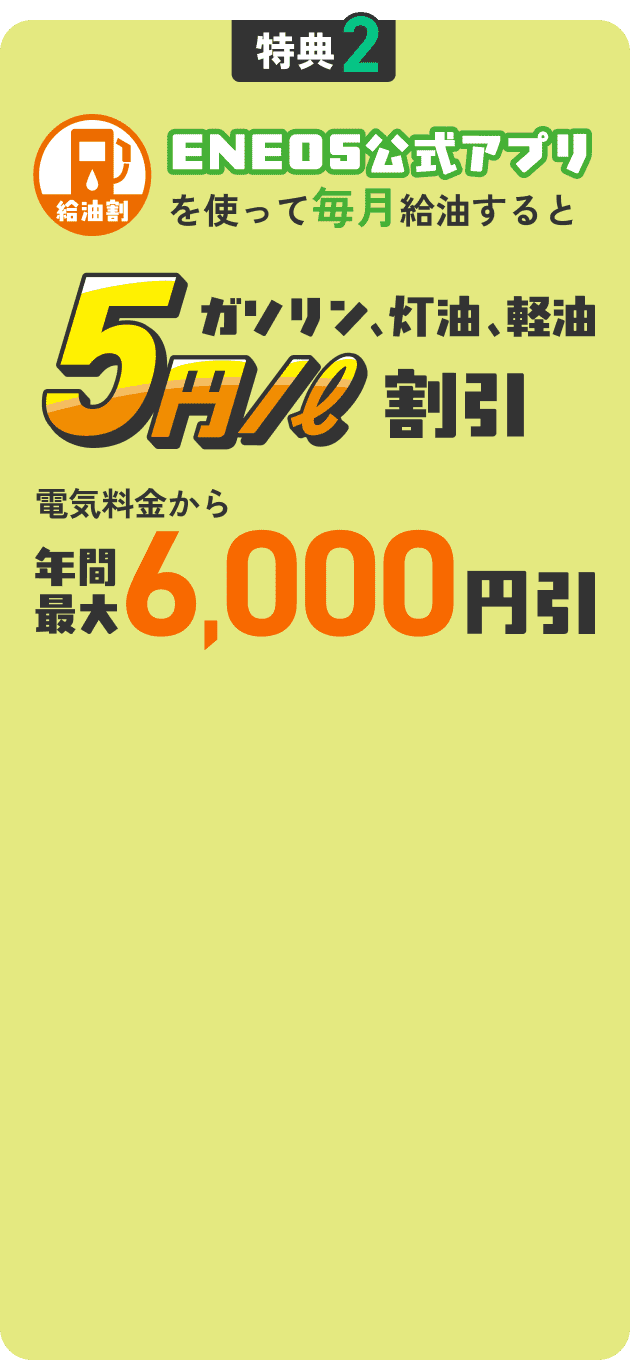 給油割 ENEOS公式アプリを使って毎月給油すると ガソリン、灯油、軽油 5円/l 割引 年間最大6,000円還元