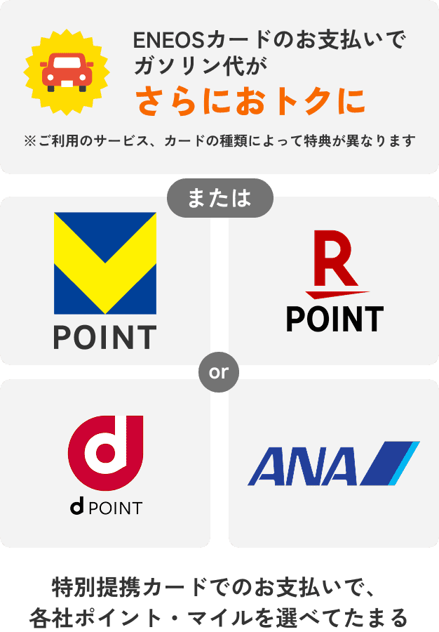 TSUTAYAPOINT ご利用料金200円→1ポイント 気料金・ガス料金のお支払い200円(税抜)につきVポイントが1ポイントがたまる または 特別提携カードでのお支払いで、各社ポイント・マイルを選べてたまる RPOINT or ANA or dPOINT