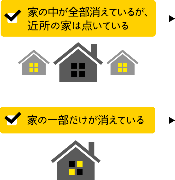 家の中が全部消えているが、近所の家は点いている 家の一部だけが消えている