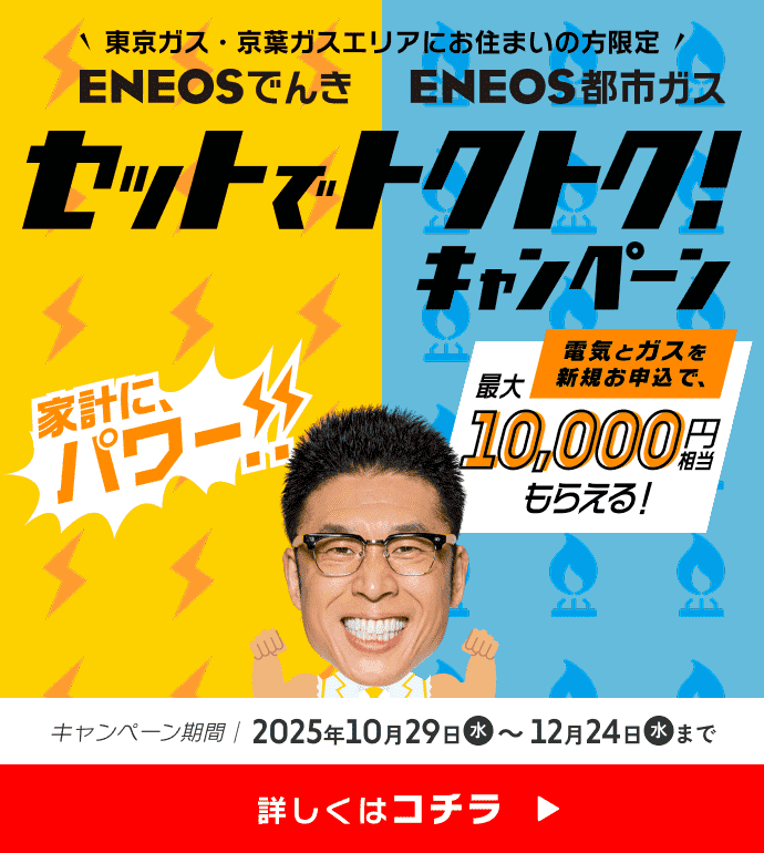 家計にパワー!!セットでトクトクキャンペーン 電気とガスを新規お申込で、最大10,000円相当もらえる! キャンペーン期間/2025年10月29日(水)〜12月24日(水)まで
