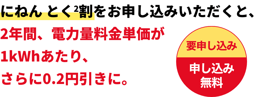 にねん とく2割をお申し込みいただくと、2年間、電力量料金単価が1kWhあたり、さらに0.2円引きに。要申し込み　申し込み無料