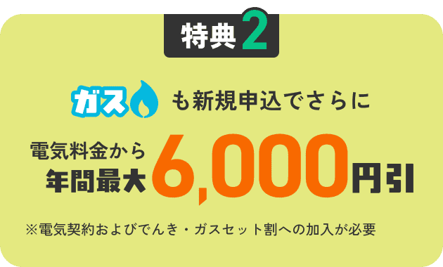 特典2 でんき・ガス新規申込で年間最大6,000円引 ※電気ガスセット割への加入が条件