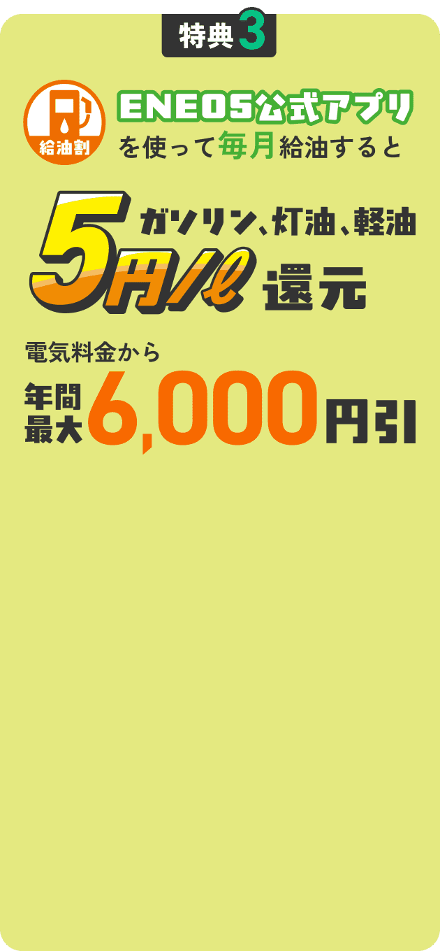 給油割 ENEOS公式アプリを使って毎月給油すると ガソリン、灯油、軽油 5円/l 割引 年間最大6,000円還元