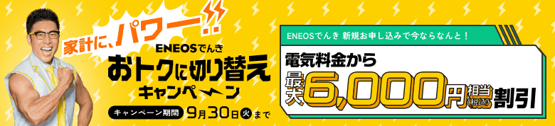 家計にパワー!! おトクに切り替えキャンペーン ＥＮＥＯＳでんき新規申し込みで今ならなんと！電気料金から最大6,000円（税込）相当割引 9月30日まで