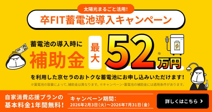 ENEOSでんき 自家消費応援プラン 基本料金 1年間無料！ 太陽光まるごと活用！卒FIT蓄電池導入キャンペーン キャンペーン期間：2026年2月3日（火）～2026年7月31日（金） 詳しくはこちら