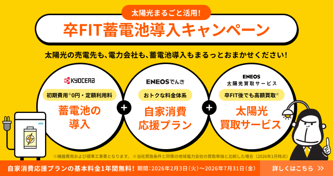 ENEOSでんき 自家消費応援プラン 基本料金 1年間無料！ 太陽光まるごと活用！卒FIT蓄電池導入キャンペーン キャンペーン期間：2026年2月3日（火）～2026年7月31日（金） 詳しくはこちら