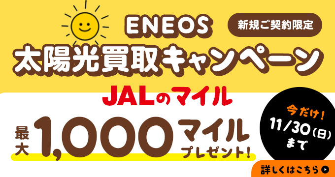 ＥＮＥＯＳ太陽光買取キャンペーン 【新規ご契約限定】最大1,000マイルプレゼント！ 11/30（日）まで 詳しくはこちら
